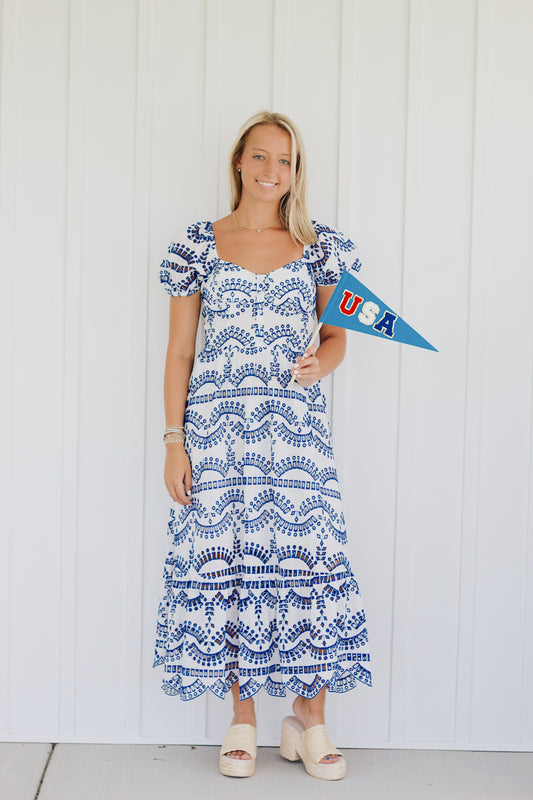 Eyelet Bustier Puff Sleeve Summer Midi Dress