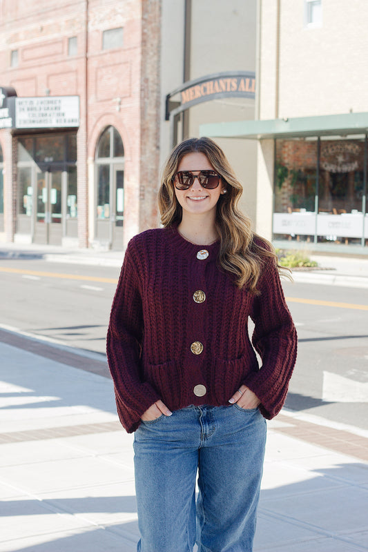Wine Gold Button Chunky Knit Sweater