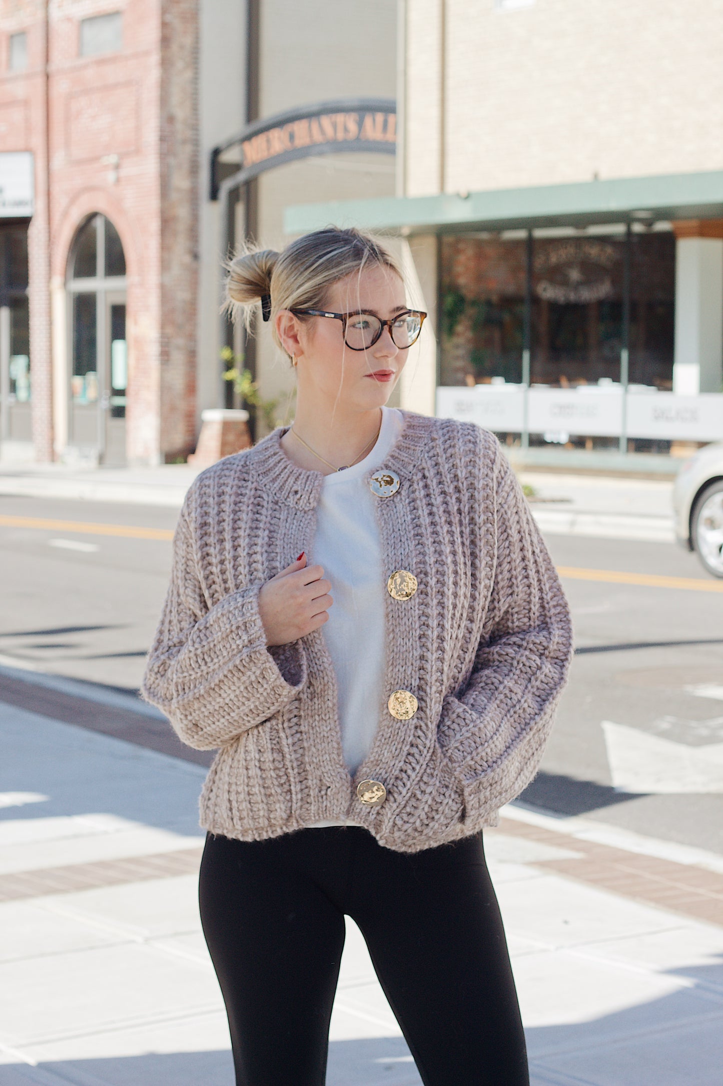Tan Gold Button Chunky Knit Sweater