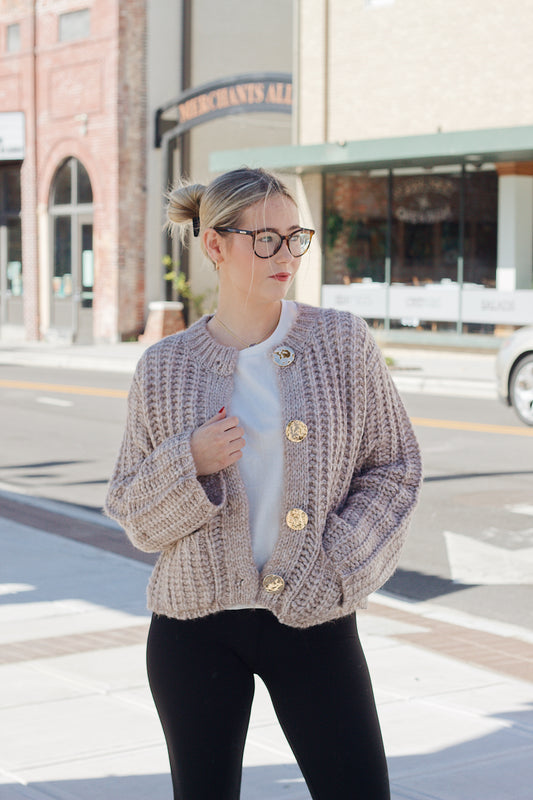 Tan Gold Button Chunky Knit Sweater