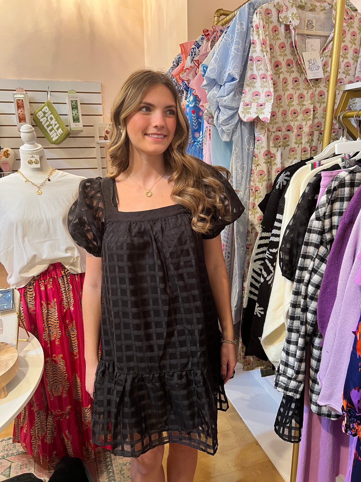 Black Gingham Puff Sleeve Dress