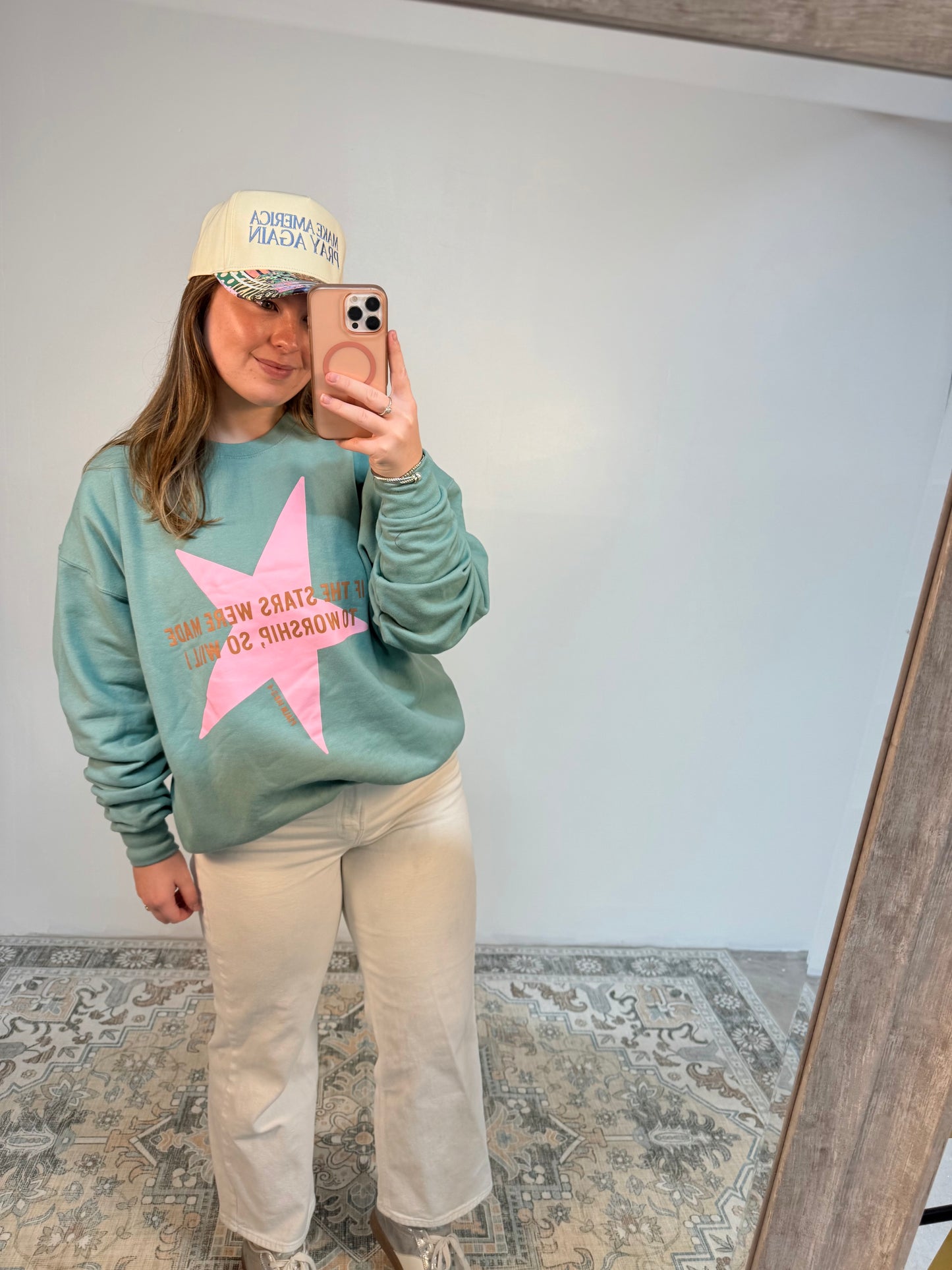 “If the stars were made to worship so will I” Teal sweatshirt