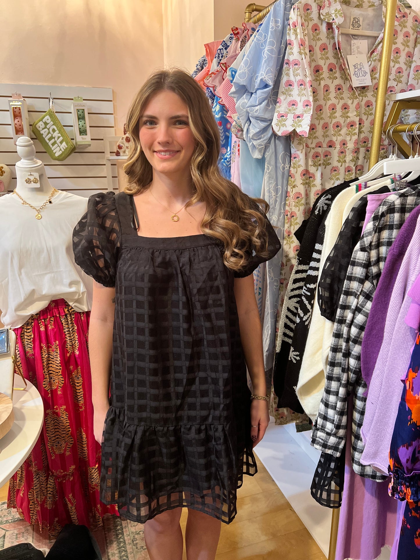 Black Gingham Puff Sleeve Dress