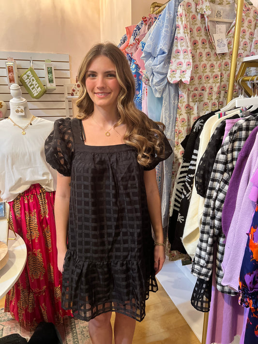 Black Gingham Puff Sleeve Dress