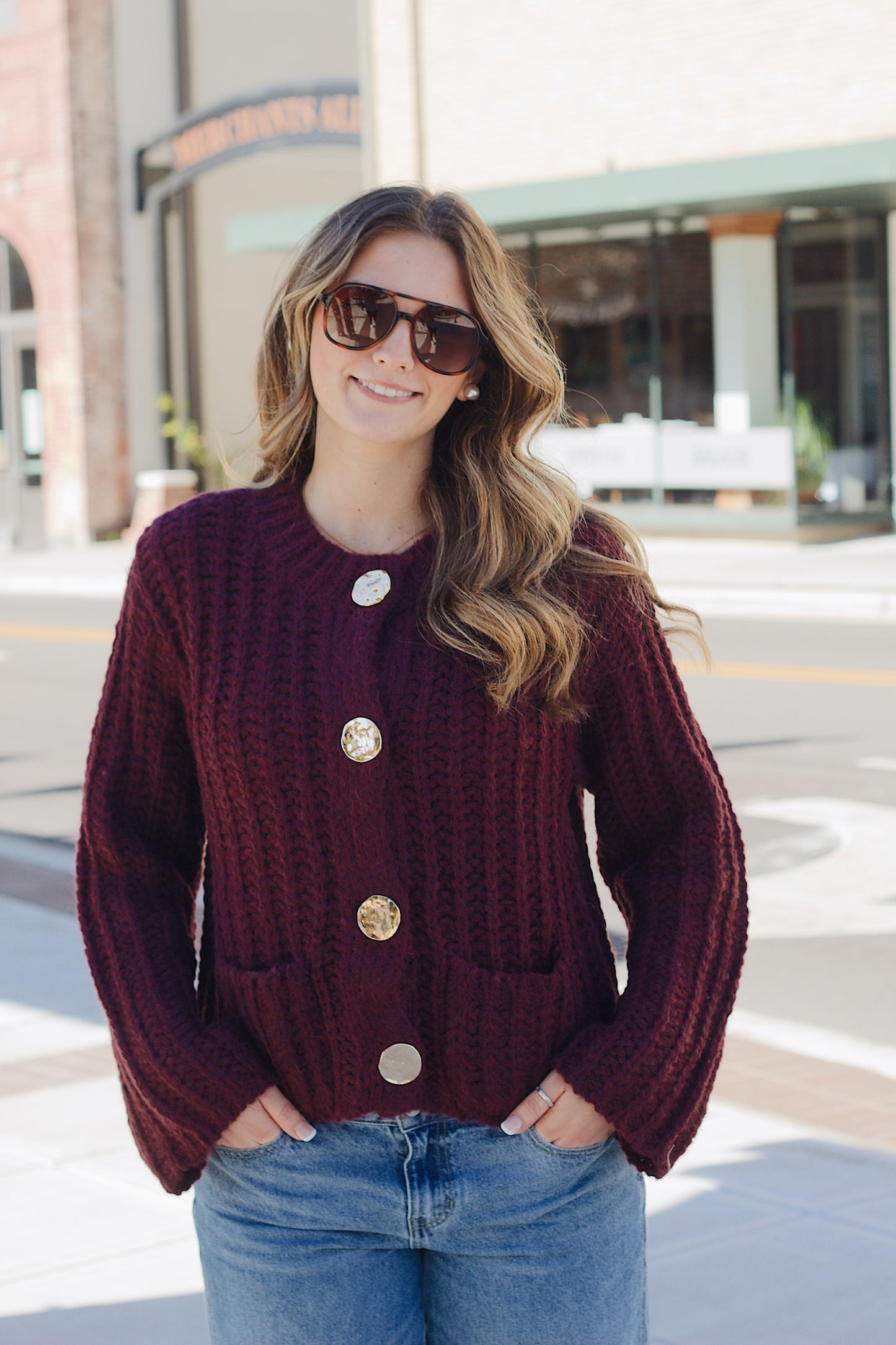 Wine Gold Button Chunky Knit Sweater