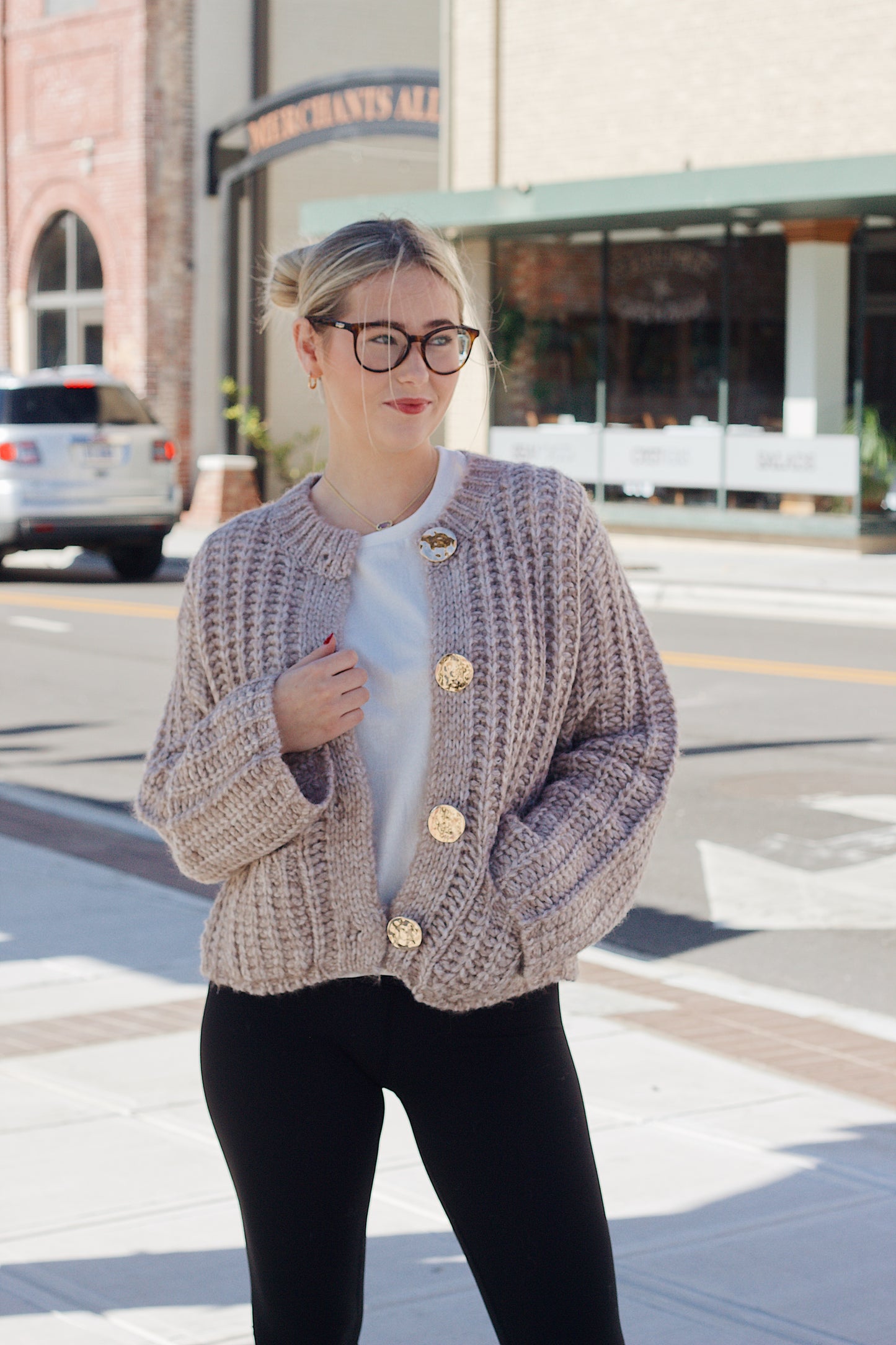 Tan Gold Button Chunky Knit Sweater